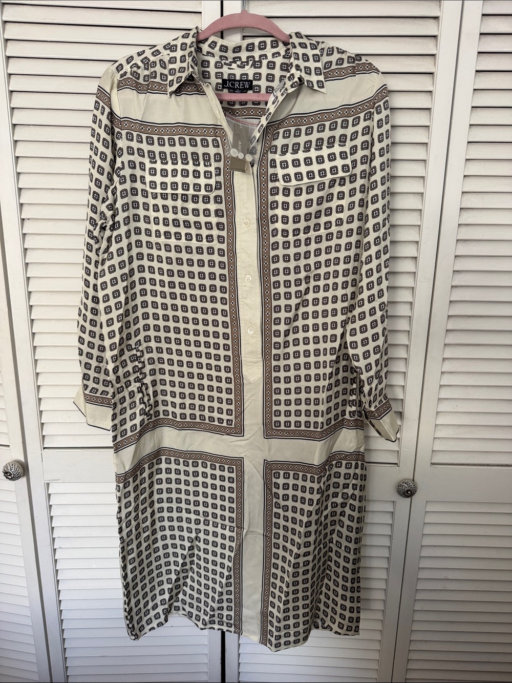 J. Crew Cream and Black Geometric Midi Shirt Dress